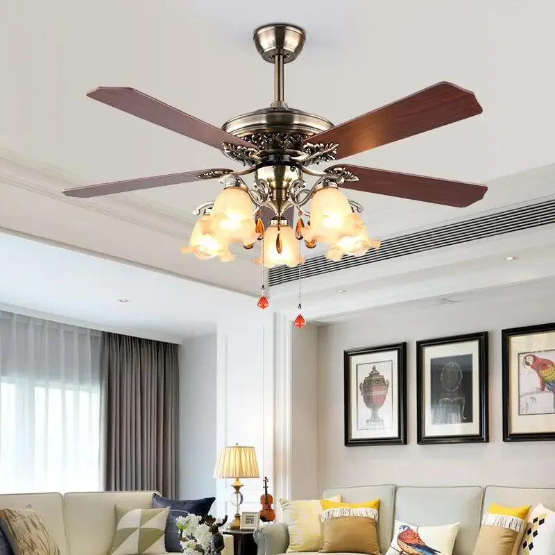plafonnier ventilateur en bois rétro avec lumière et télécommande - vue 6 sur 7