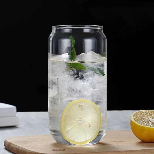 Tasse verre borosilicate forme canette couvercle bambou paille