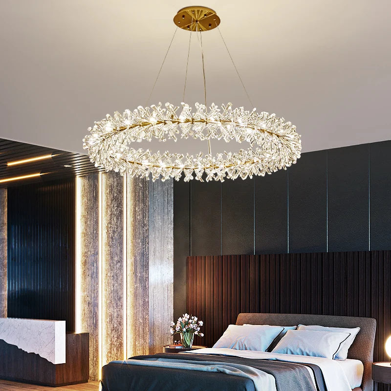 lustre led cristal clair rond avec fil métallique doré réglable - vue 5 sur 12