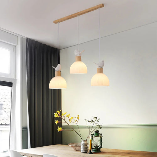 lustre led suspendu en bois avec abat-jour en verre blanc - vue 4 sur 8
