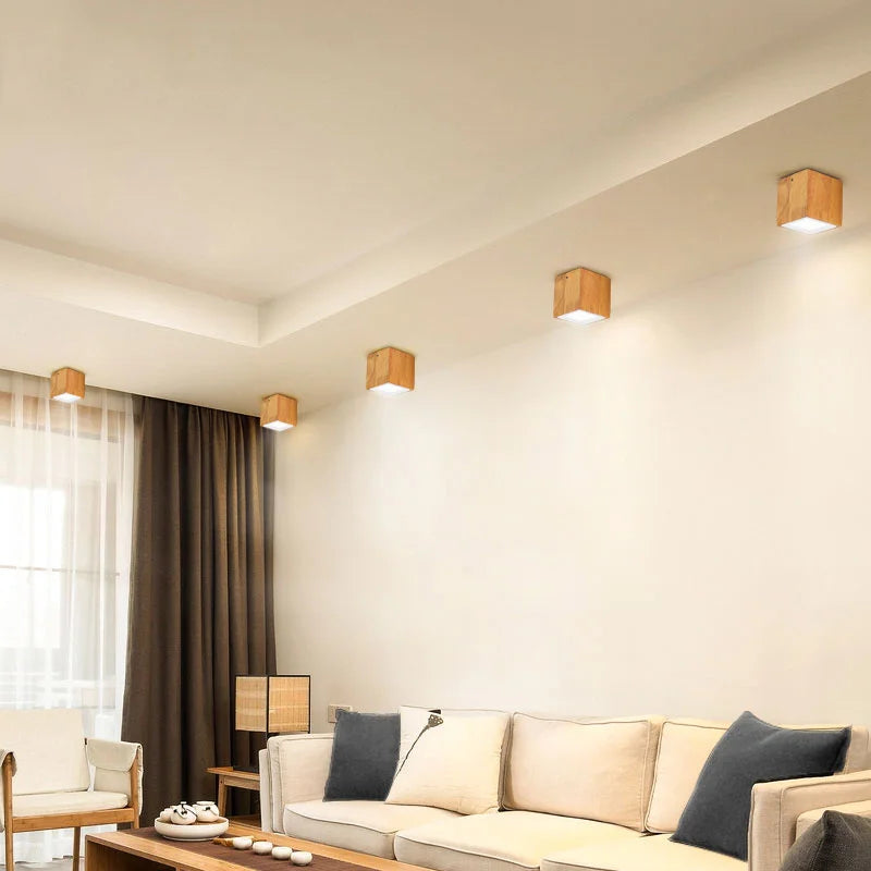 plafonnier led moderne carré en bois nordique downlight - vue 4 sur 12