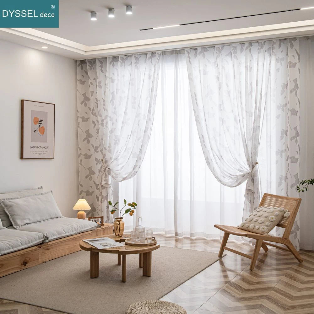 Voilage texture lin motif feuilles erable style champetre - vue 4 sur 6
