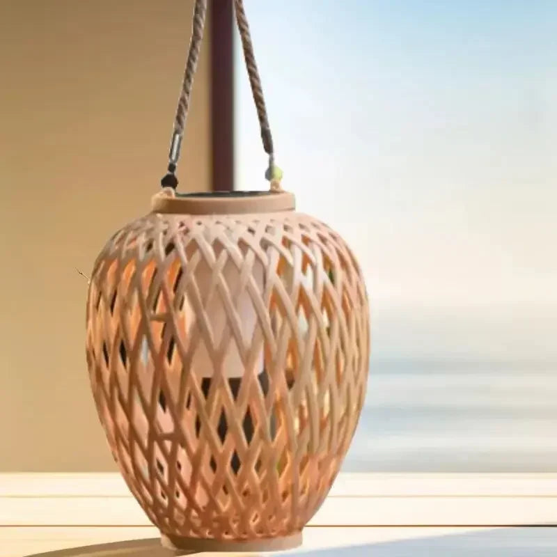 lanterne solaire extérieure en tissage imitation bambou pour jardin - vue 3 sur 7