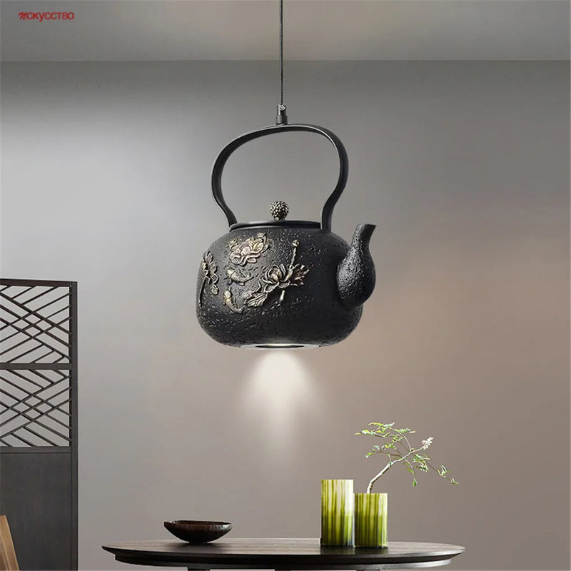 Asie du Sud-Est Rétro Vintage Résine Théière Suspension Led Lumières Cuisine Salle À Manger Loft Déco Pays Suspension Luminaire Design