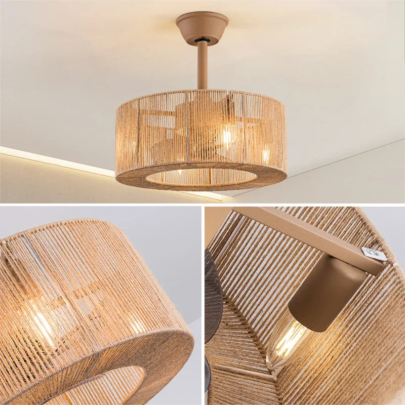 plafonnier décoratif en corde tressée avec ventilateur et intensité variable - vue 4 sur 11