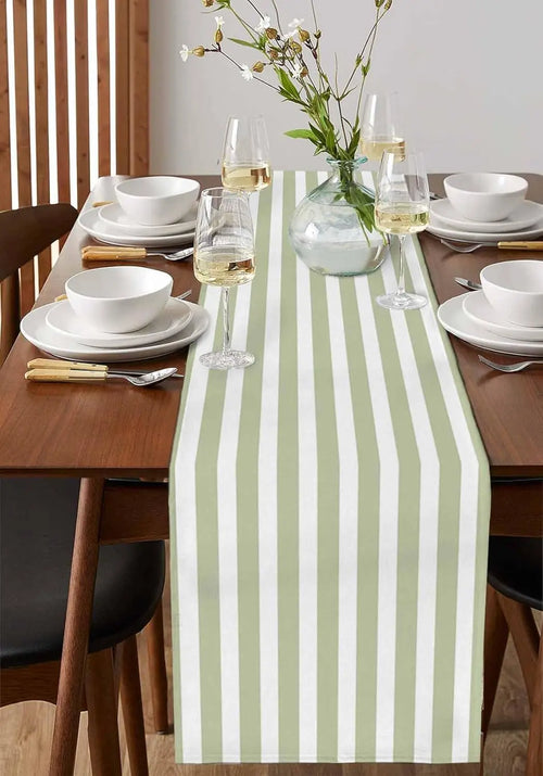 Chemin de table lin rayures vert sauge campagne