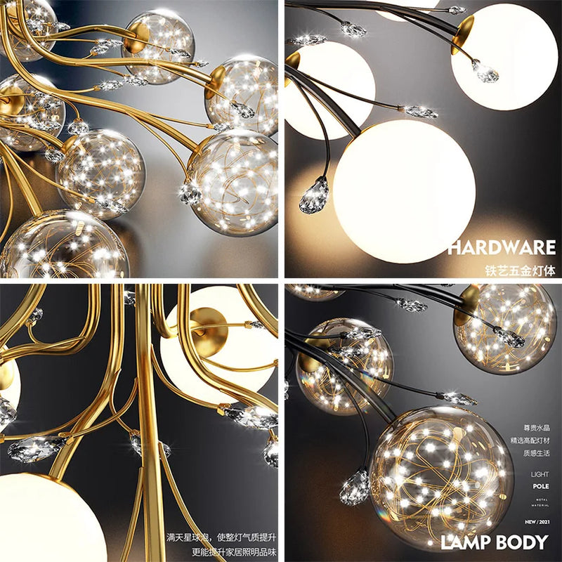 sandyha lustre led étoile avec boule de verre et cristal