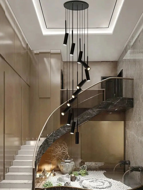 Led cylindrique spot suspension design moderne Restaurant éclairage noir blanc minimaliste escalier Long lustre