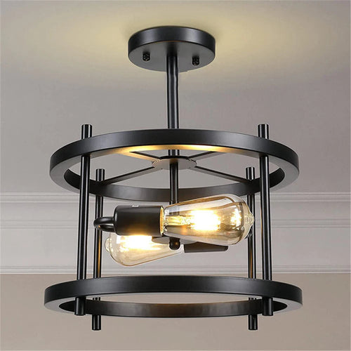 plafonnier rétro semi-encastré 2 lumières bois vintage pour ferme industrielle - vue 5 sur 9