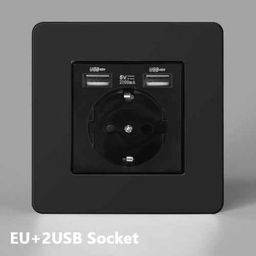 Prise électrique et double USB (Europe) en acier noir mat bords arrondis