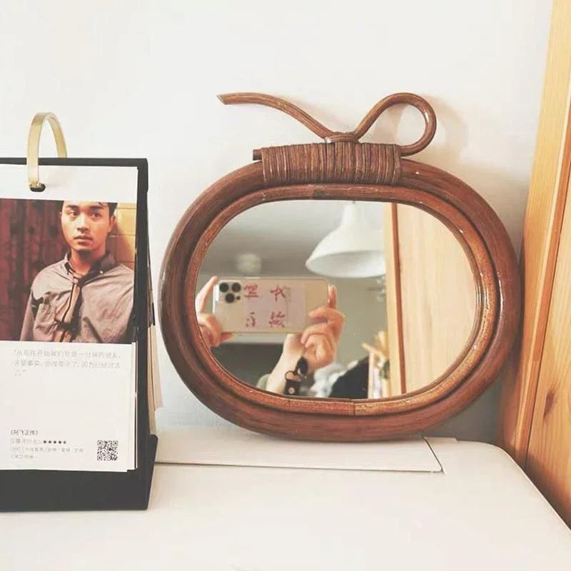 miroir rond en rotin naturel décoratif vintage en forme de pomme