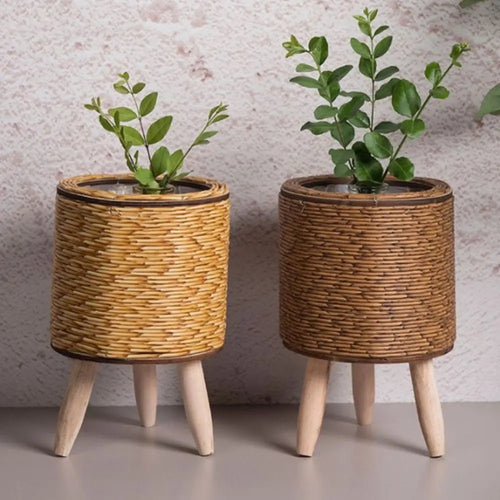 pot de fleurs rotin tressé créatif avec pieds amovibles et support durable