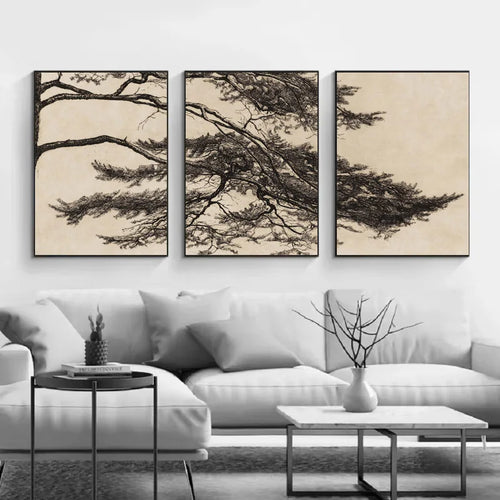 triptyque vintage branche de pin art mural décoration intérieure - vue 6 sur 7