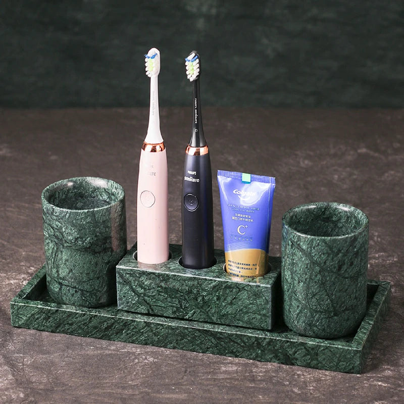 ensemble d'accessoires en marbre pour salle de bain organisé - vue 3 sur 21
