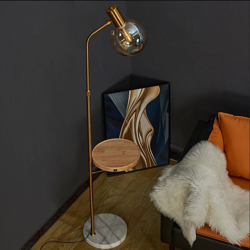 Lampadaire LED moderne ambre verre marbre Base bois pour salon chambre lecture éclairage E27 ampoule