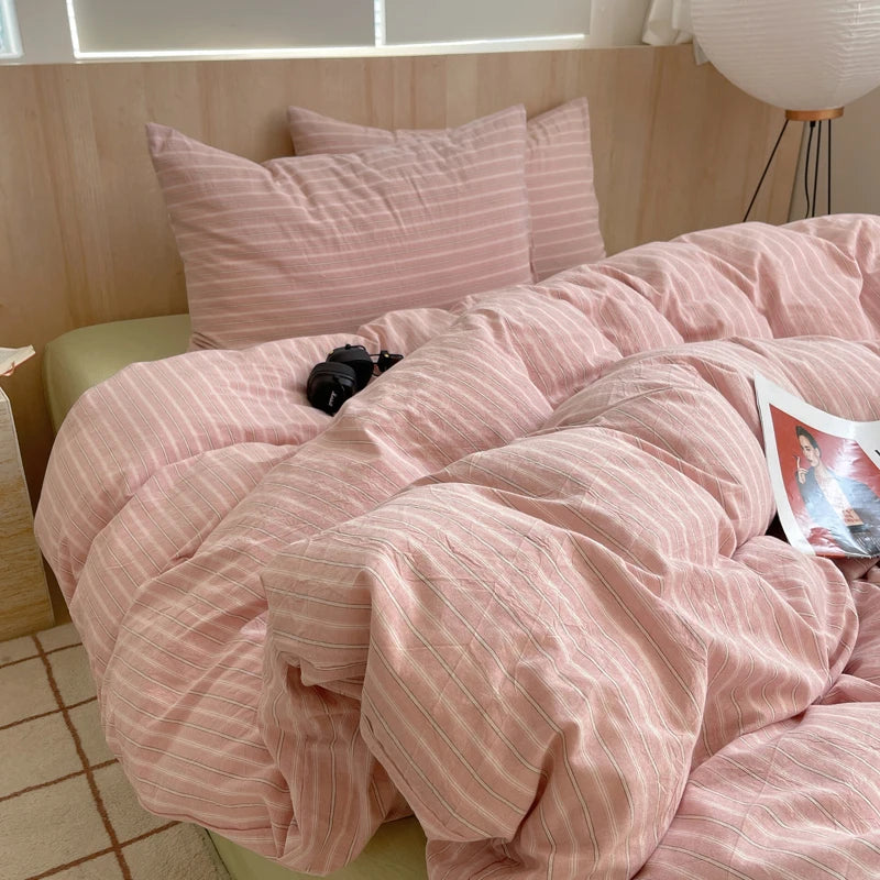 housse de couette rayée rose en coton pour chambre fille