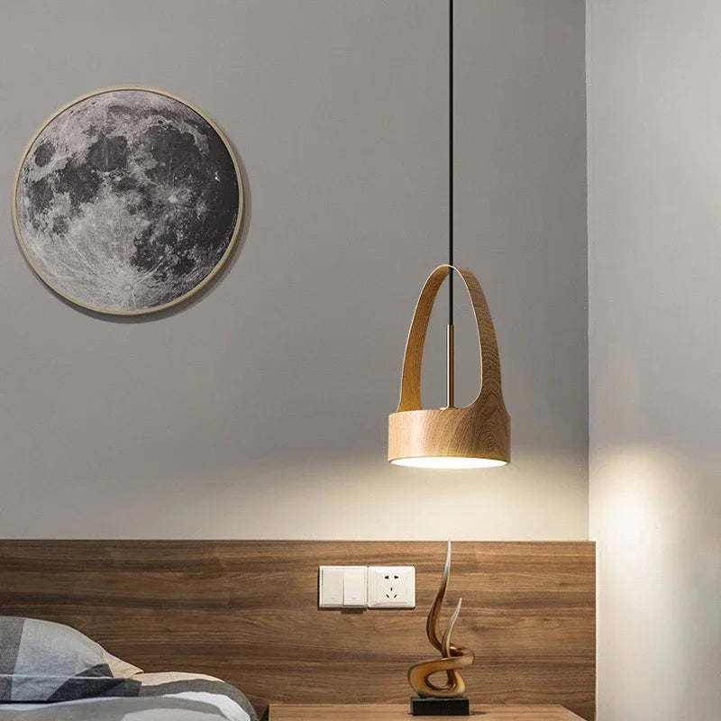 lustre moderne imitation grain de bois style nordique led suspension - vue 3 sur 8