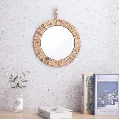 miroir décoratif tissé style rural en rotin fait main - vue 2 sur 5