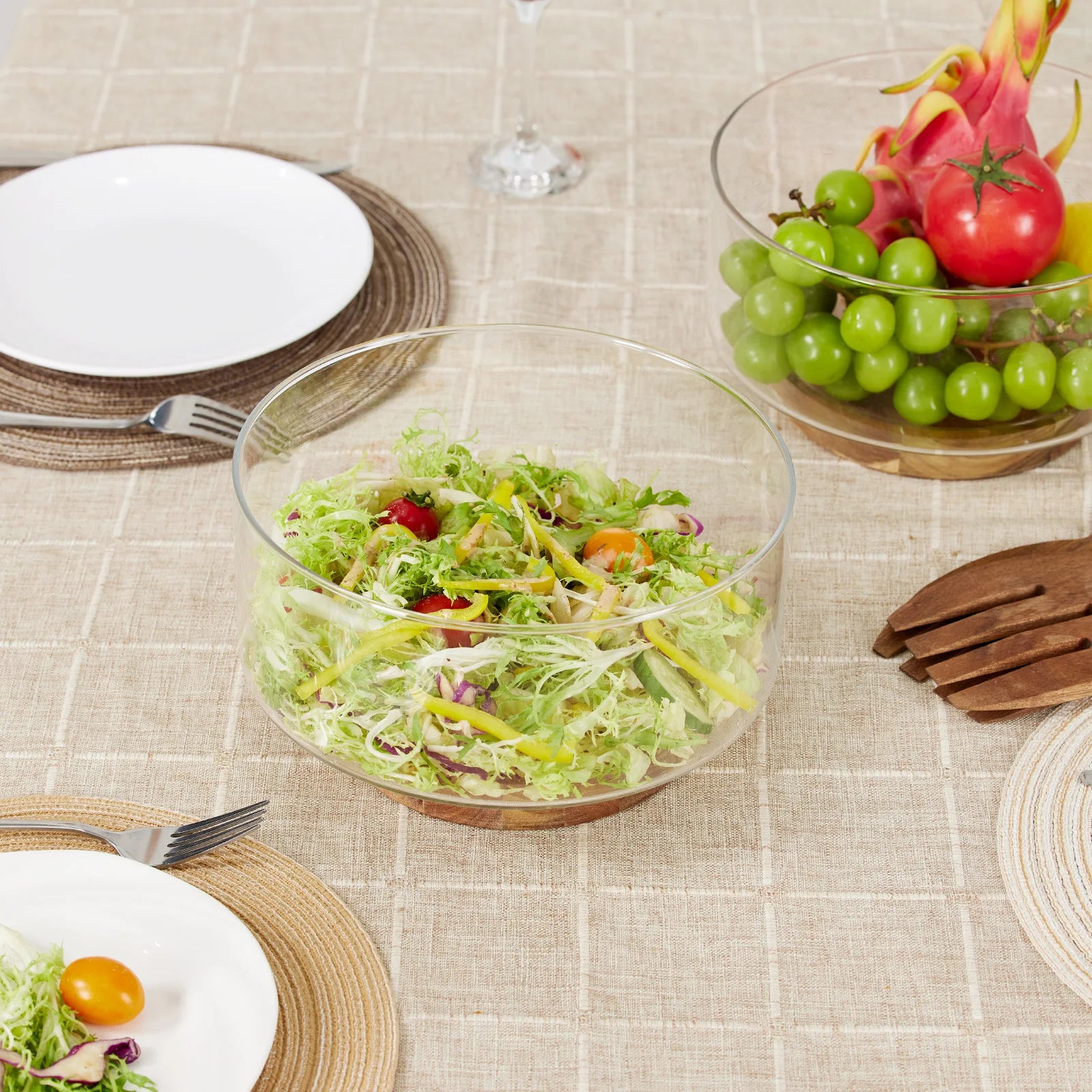 Bol fruits verre base bois design moderne salon - vue 6 sur 9