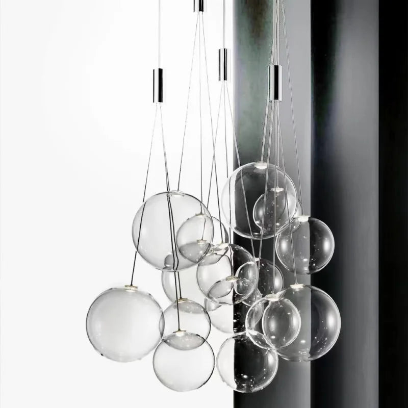suspension moderne led boule de verre design chrome