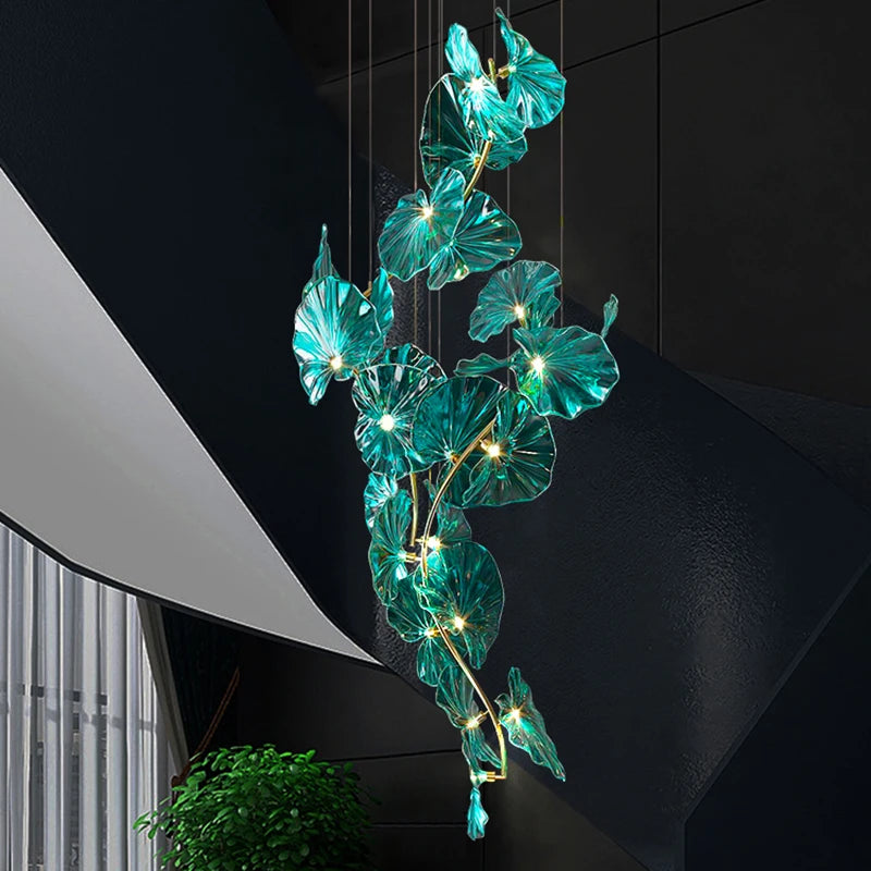 lustre artistique avec feuilles de verre suspendu led pour hôtel - vue 5 sur 13