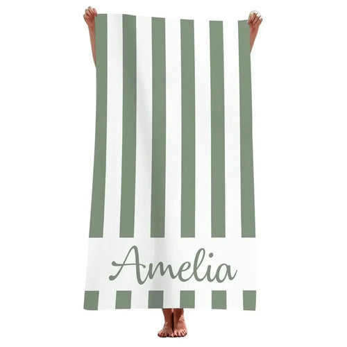 Serviette de plage rayée personnalisée microfibre prénom géométrique