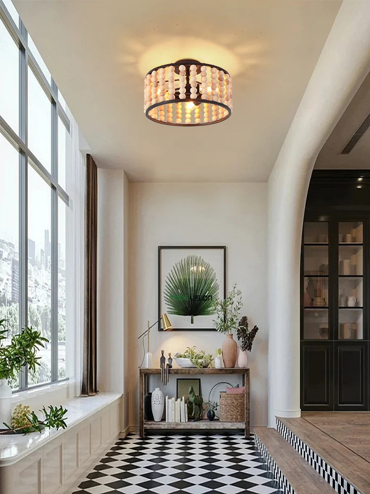 plafonnier en perles de bois fait main style vintage pour intérieur chaleureux - vue 2 sur 7
