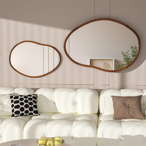 grand miroir mural asymétrique avec cadre en bois naturel - vue 5 sur 7