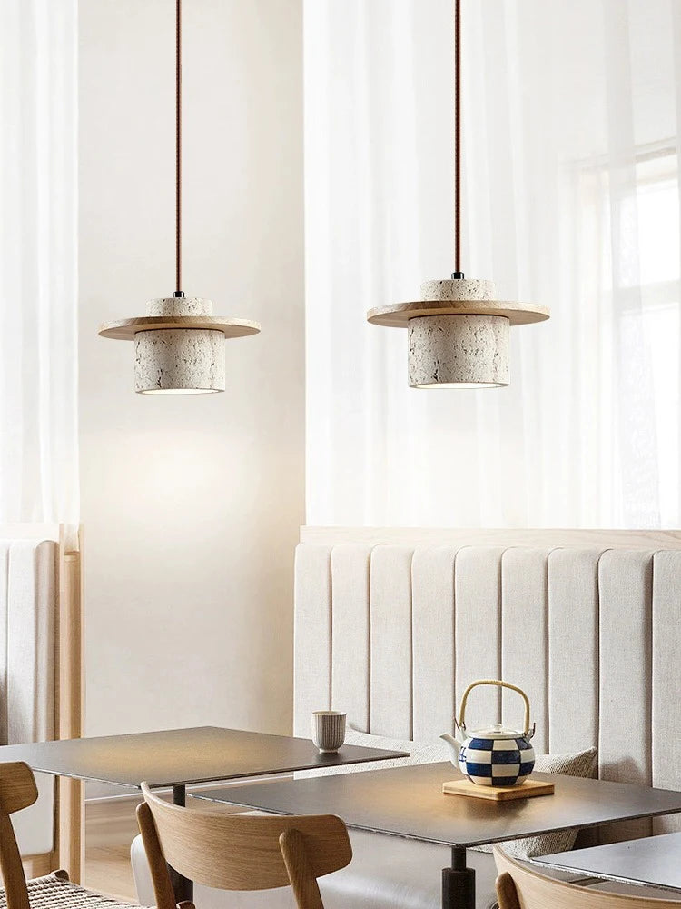 Suspension style japonais led vintage en pierre et bois - vue 2 sur 7