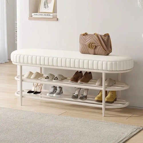 tabouret à chaussures pouf ottoman souple en cuir flanelle et coussin - vue 6 sur 18