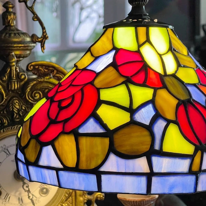lampe de chevet style tiffany avec fleurs rouges émaillées antique - vue 6 sur 6