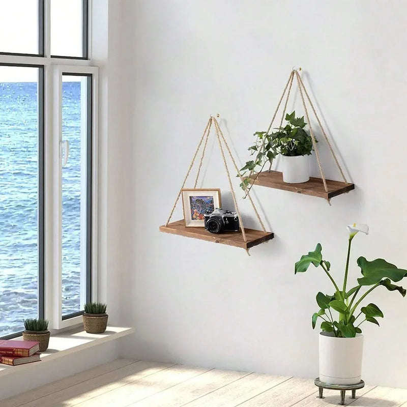 balançoire en bois suspendue étagère murale flottante pour plantes décoratives