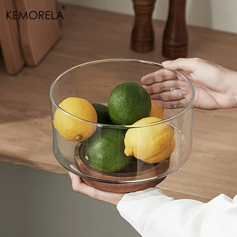 Bol fruits verre base bois design moderne salon - vue 4 sur 9