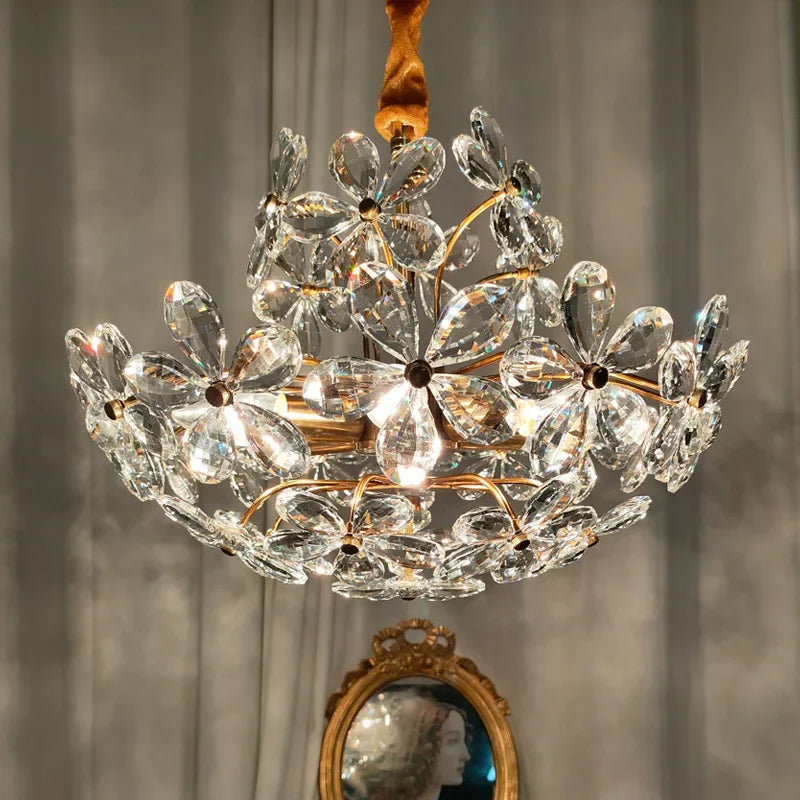 lustre design français en cristal fleur rétro led de luxe - vue 4 sur 9