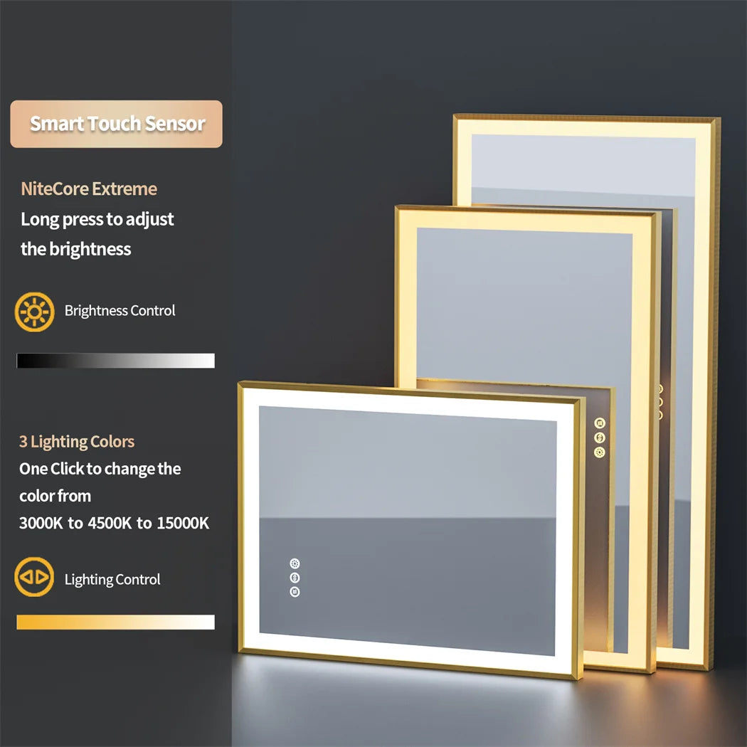 miroir éclairé avec cadre doré et lumières led antibuée à gradation trois couleurs - vue 5 sur 11