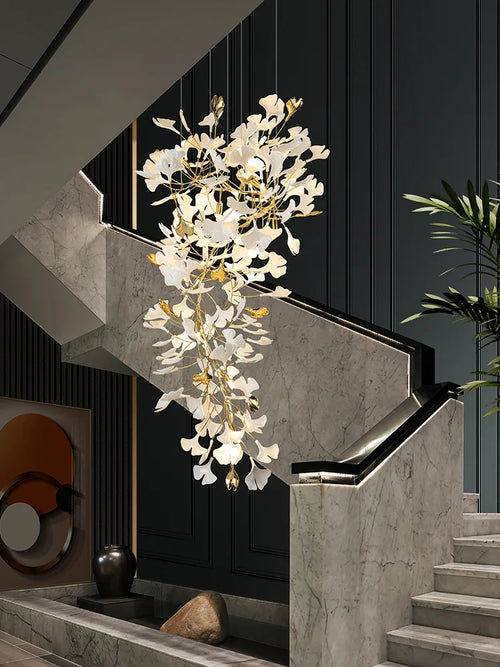 Ginkgo feuille cage d'escalier long lustre lumière atmosphérique villa de luxe duplex bâtiment loft hall d'hôtel lampes d'art créatives