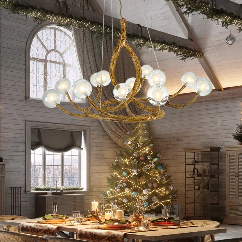 Nordique rétro branche d'arbre boule de verre LED lustre pour salon salle à manger cuisine tables alimentaires décor à la maison luminaire suspendu
