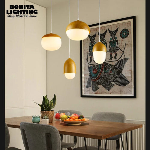 suspension moderne en verre et bois avec champignons - vue 5 sur 8
