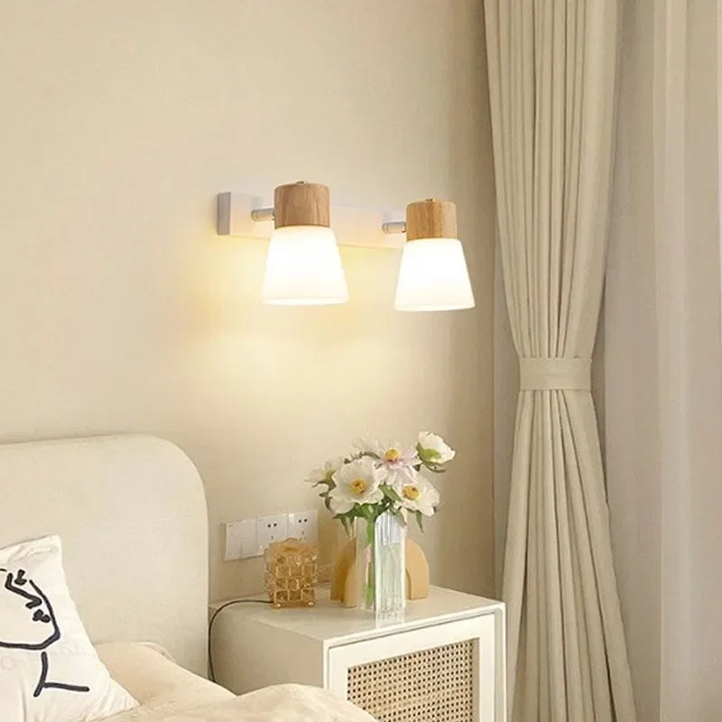 Applique murale nordique en bois LED Double tête lait blanc applique murale en verre pour chambre salon étude salle à manger décor à la maison luminaire - vue 5 sur 10