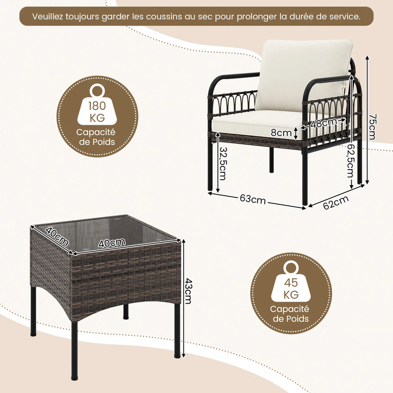 ensemble de fauteuils en rotin pour jardin avec table et coussins