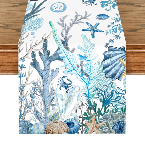 Chemin de table motif vie marine étoiles hippocampes - vue 2 sur 7