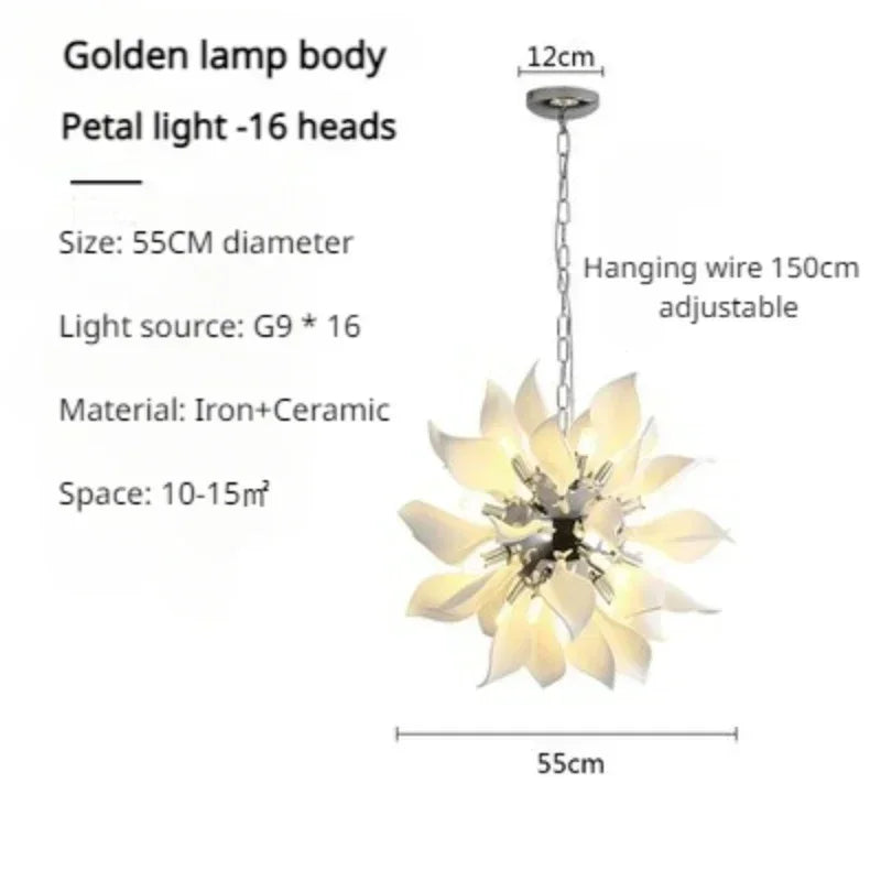 lustre moderne en céramique avec pétales de fleurs et lumière led