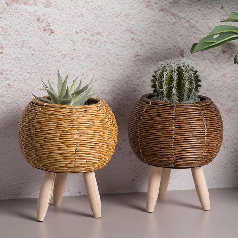 étagère à fleurs nordique en imitation rotin avec pieds amovibles