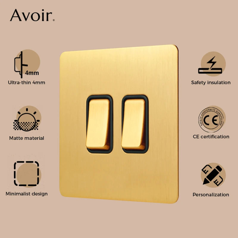 Interrupteur simple 1 voie avec LED 45A en acier doré brossé bords arrondis