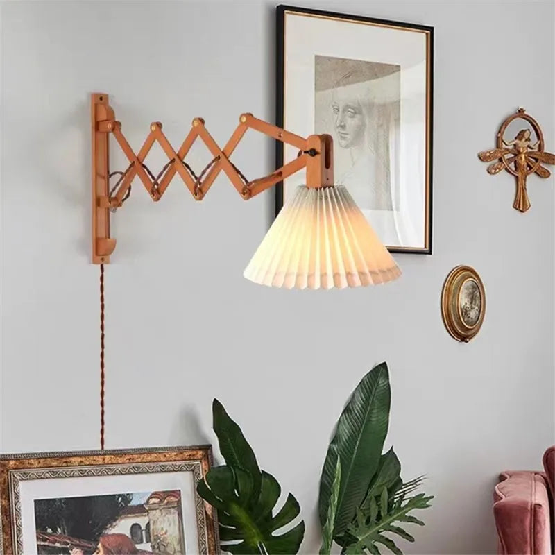 Sax applique moderne télescopique led lampe en bois salon japonais bras long créatif chambre chevet décoration maison lumière