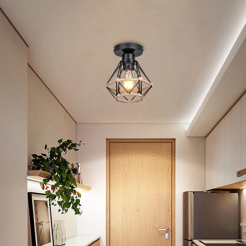 Plafonnier rétro en métal avec Cage en fer et corde de chanvre pour intérieur d'allée