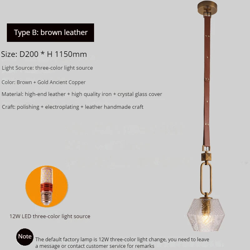 lustre moderne en cuir avec suspension lumière et verre cristal - vue 9 sur 14