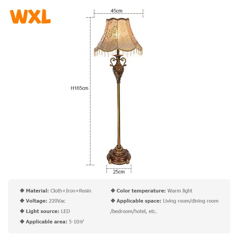 European LED Floor Lamp, Fabric, Rural Retro Living Room Lamp, Creative Vertical Table Lamp, Simple Study, Bedroom, Bedside Lamp - vue 6 sur 7