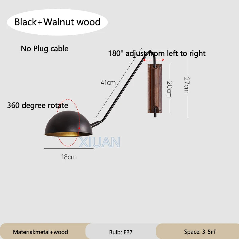 Nordic Bedroom Bedside Wall Lamps Plug In Wall Sconce Black White Iron Lampshade Swing Long Arms Wall Mounted Light E27 - vue 14 sur 14