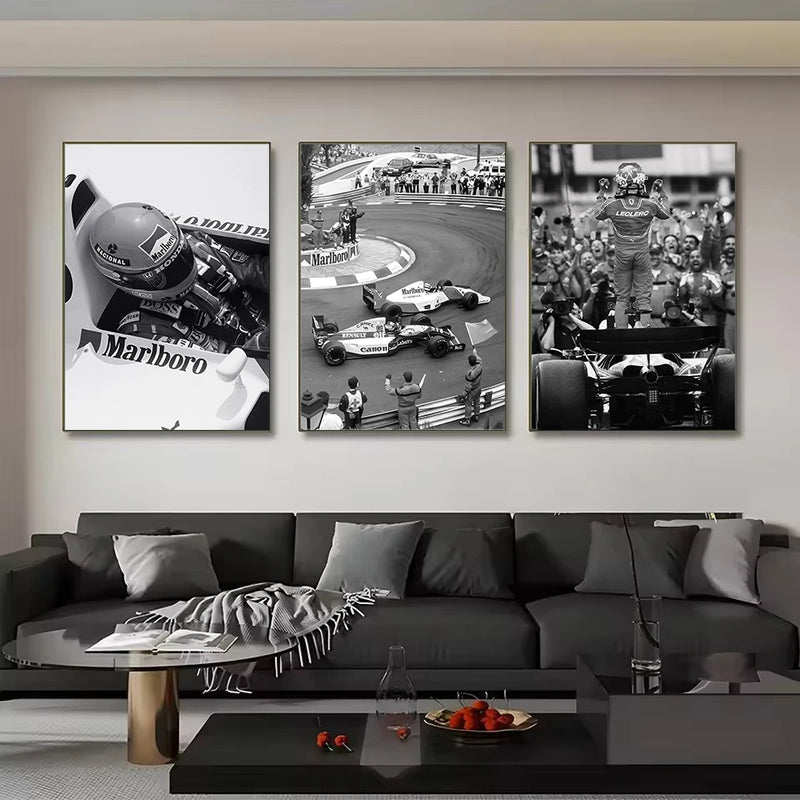 affiche vintage de voitures de sport en noir et blanc